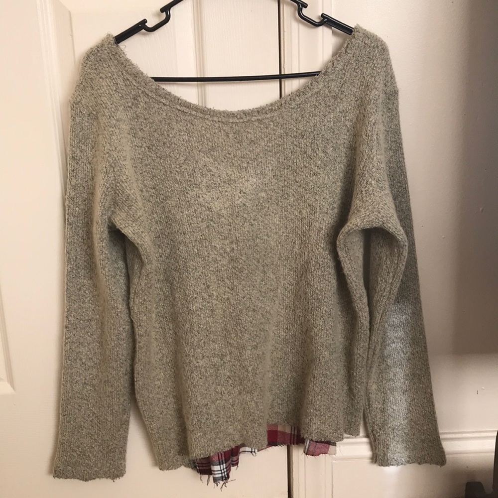 Tan off the shoulder sweater flannel detail